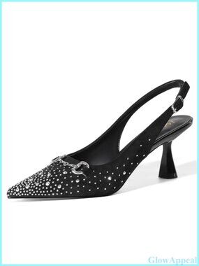 Kitten Heel Slingback Pumps Sparkly Rhinestone Pointed Toe Dress Shoes
